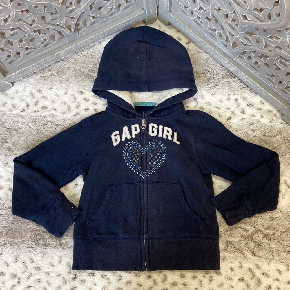GAP Kids zip up hoodie jacket girls small silver hearts sequins Lovecore school